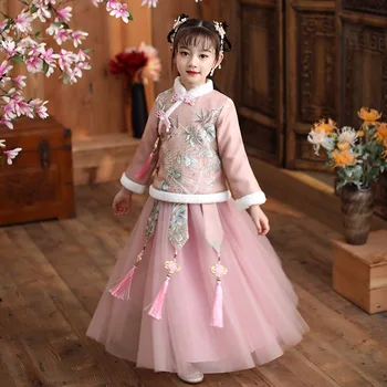 Jeseni, Pozimi Novo Vezenje Dekle Hanfu Cheongsam Kitajsko Tradicijo Poroko Cvet Dekle Obleko Luštna Otroci Novo Leto Obleko Oblačila