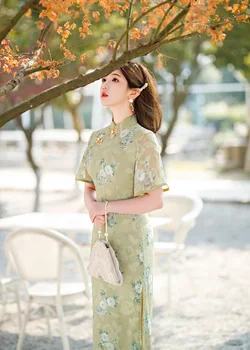 Kitajska Tradicionalna Klasična Zelena Cvjetnim Tiskanja Qipao Ženske Dolge Visoko Split Cheongsam Večer Stranka Obleko