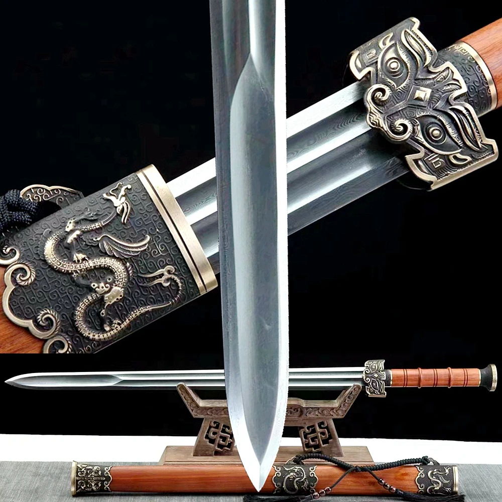 Rose Wood/Medeninasto Okovje Kitajski Ročno KungFu Dragon Sword Zložiti Damask Jekla Rezilo Oster Han Tang Saber WuShu Boj JIan