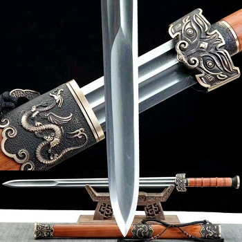 Rose Wood/Medeninasto Okovje Kitajski Ročno KungFu Dragon Sword Zložiti Damask Jekla Rezilo Oster Han Tang Saber WuShu Boj JIan