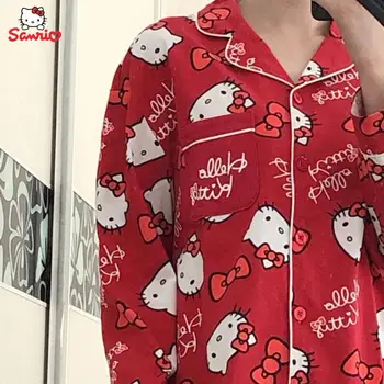 Kawaii Risanka Sanrio Hello Kitty Pižamo Ženski Jeseni Sladko Srčkan Ohlapne Dolge Rokave Doma Oblačila, Obleke, Darila za Punco