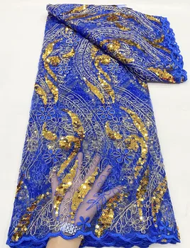 Moda Kraljevsko Modra Afriške Čipke Tkanine Sequins Til Očesa Vezenine, Čipke za Poroke, Poročne Materiali Visoke Kakovosti Vezalke Obleke