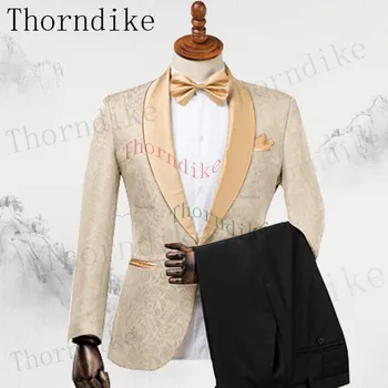 Thorndike Champange Jacquardske Moške Obleke Lep Poročni Fit Slim Formalno Priložnostne Maturantski Kostum Homme Terno Masculino (Suknjič+Hlače)