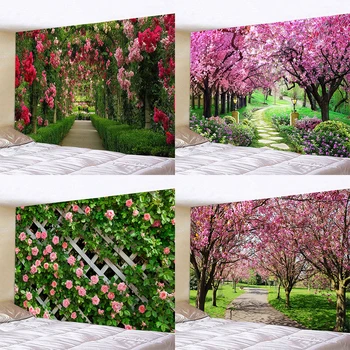 Pomladni Cvetovi, Les Ograjo Tapiserija Narave Pink Rose Rastline Cvetlični Steni Visi Vrt Okno Naravne Kulise Krpo Doma Dekor