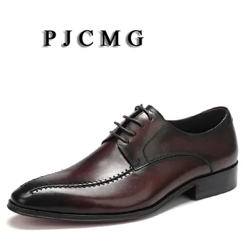 PJCMG Modni Moški Oxford Poroko Čipke-Up Konicami Prstov Solid Black/Red Urad Pravega Usnja Formalno Mens Obleka, Čevlji