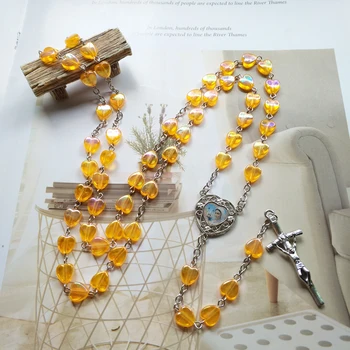 Oranžna Srce Kroglice Verigo Molitev Chaplet Katoliške Jezusa Kristusa Medaljo Križ Križ, Rožni Venec, Ogrlica Verske Cerkev Nakit Darilo