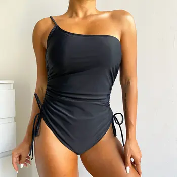 Seksi Bikini Nastavite Eno Ramo Solid Black Pleate En Kos Kopalke 2023 Novo V Izrežemo Kopalke Trebuh Nadzor Kopalke Mujer