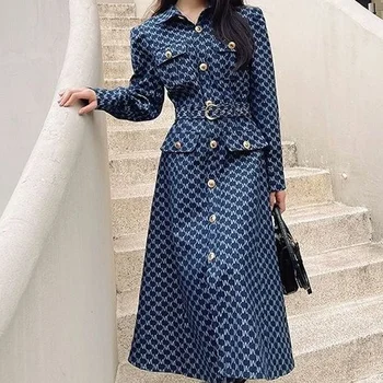 2023 Moda Enotni-zapenjanje Natisnjeni Midi Obleko Jeseni korejski Letnik Zavoj navzdol Ovratnik Pasu Denim Razrezana Obleke Ženska Clothin