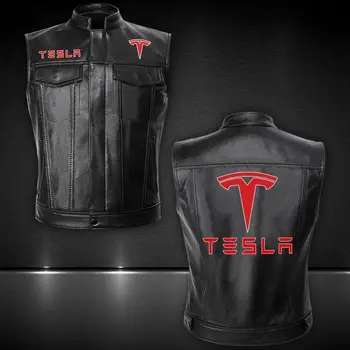 2023 Novo Pomlad Jesen Človek je Tesla Car Logotip Black Modni Telovnik brez Rokavov Windproof Zadrgo Usnje Barva Moški Telovnik