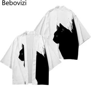 Japonski Tradicionalni Mačka Tiskanja Beli Kimono Cosplay Haori Obi Ženske Moški Jopico Plaži Yukata Prevelik Azijskih Oblačila