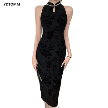 Črna Mid-dolžina Slim Obleko Kitajski Slog Elegantno Novo 2023 Poletje Cheongsam Pearl Letnik ženska Oblačila Prodajo Predmetov