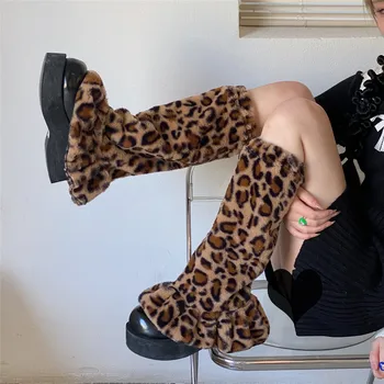 Krzno Leg Ogrevalnike Dekleta JK Harajuku Boot Lisice Japonski Lolita Boho Tople Nogavice Leopard Seksi Nogavice Določa Pozimi Goth Leg Ogrevalnike