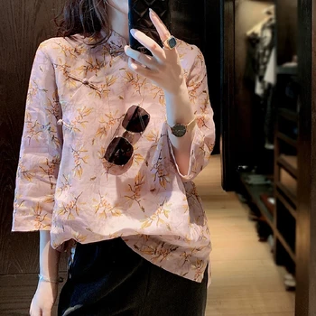2023 kitajski slog izboljšano cheongsam majica retro stoji ovratnik sedem-točka rokav, majica za ženske